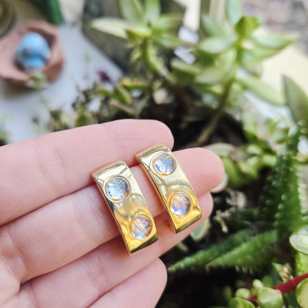 Vintage Pair of Dainty Gold Triplet Opal Stud Gemstone Cabochon Hoop Earrings